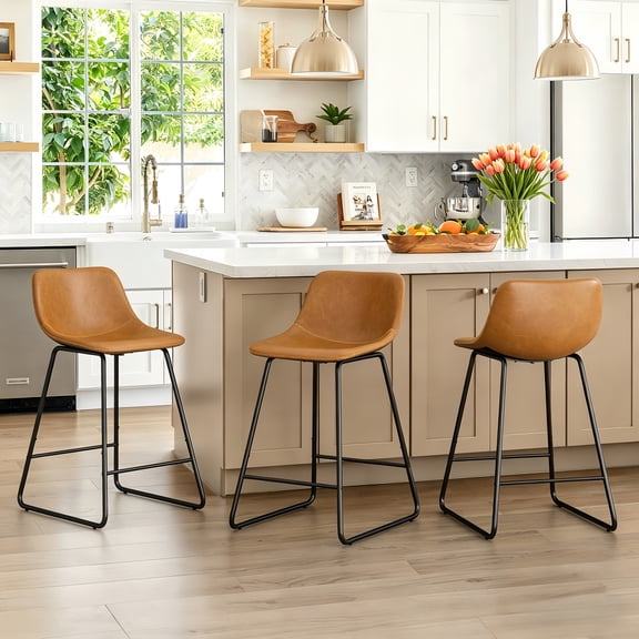 Dycanpo 24" Bar Stools Set of 3 with Back, Faux Leather for Home Kitchen Island, Whisky Brown