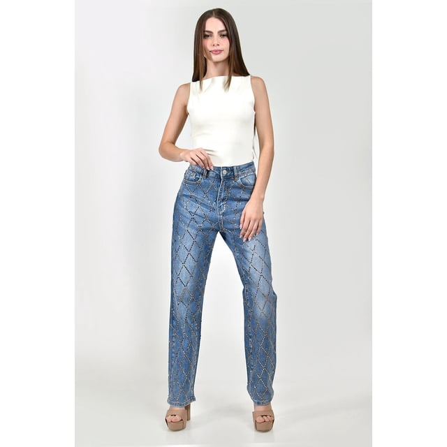 Jeans con patron geometrico /Juvenil, 586 (Azul medio) azul 3