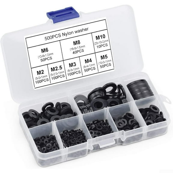 Arkzeo 500PCS Nylon Flat Washers Thick Flat Sealing Black Plastic Washers Form M2-M10