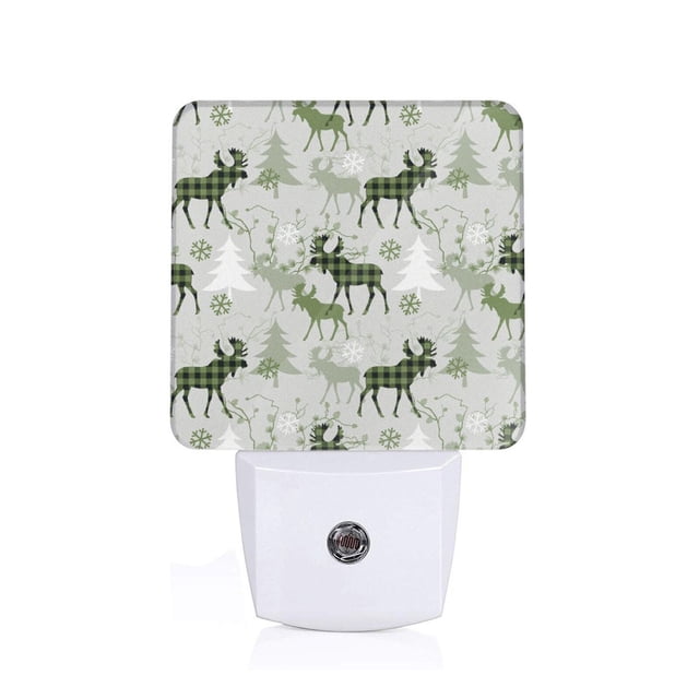 Fotbe green plaid Moose tree Luz Nocturna LED, Luz de Noche con Sensor de Luz Natural de Anochecer a Amanecer, Se Enchufa a la Pared, Blanco Cálido 0.5W-US