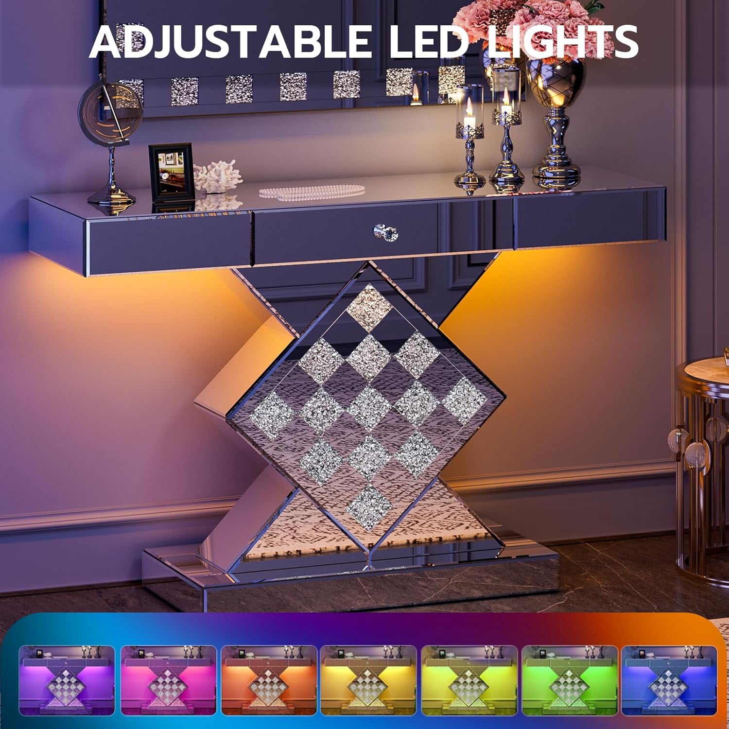 ARICOEASY Mirrored Console Table with LED Light and Storage Drawer, Narrow Entryway Table with drawers for Living Room Furniture Sets