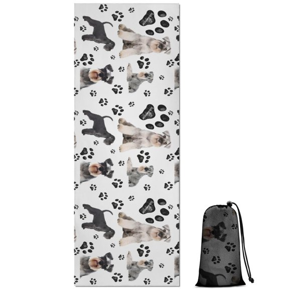 Schnauzer Dog and Footprints Hot Yoga Mat Towel Non Slip for Hot Yoga - Quick-Drying Yoga Mat Cover with 4 Corner Pockets with Travel Bag - Hot Yoga Towel Non Slip Grip Moisture Wicking Sweat 70"x26"