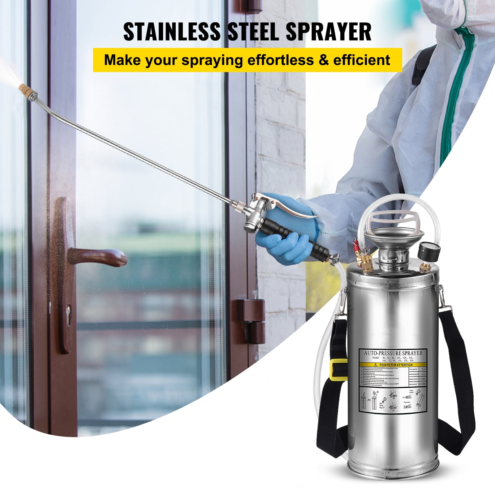 KFFKFF 2G Stainless Steel Sprayer, Full Set with 20" wand& handle& 3.3" Reinforced Hose, Hand Pump Sprayer with Pressure Gauge&Safety Valve, Adjustable Nozzle Suitable for Gardening and Sanitizing