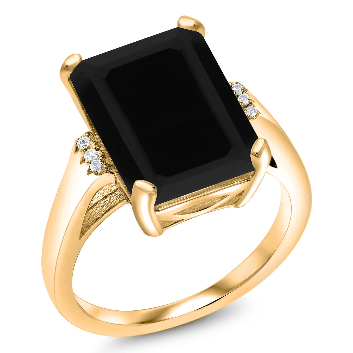 Gem Stone King 6.67 Cttw Black Onyx Engagement Ring for Women | 18K Yellow Gold Plated Silver| Emerald Cut 14X10MM | Gemstone December Birthstone | Size 6