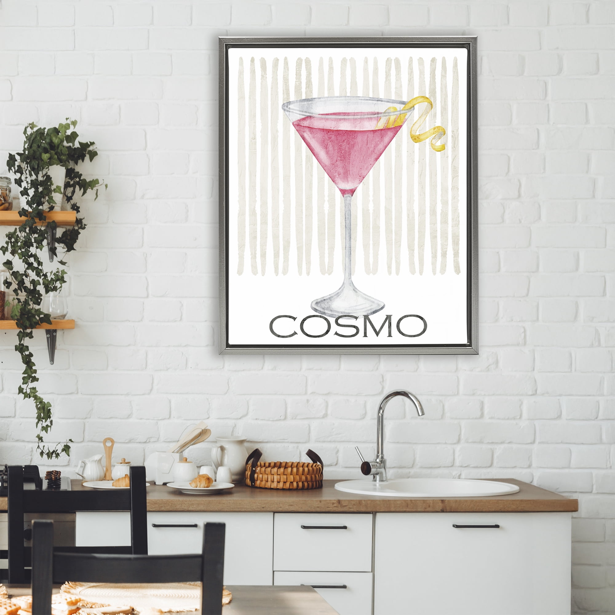 Stupell Industries Pink Cosmo on Stripes Gray Framed Floater Canvas Wall Art, design by Kim Allen