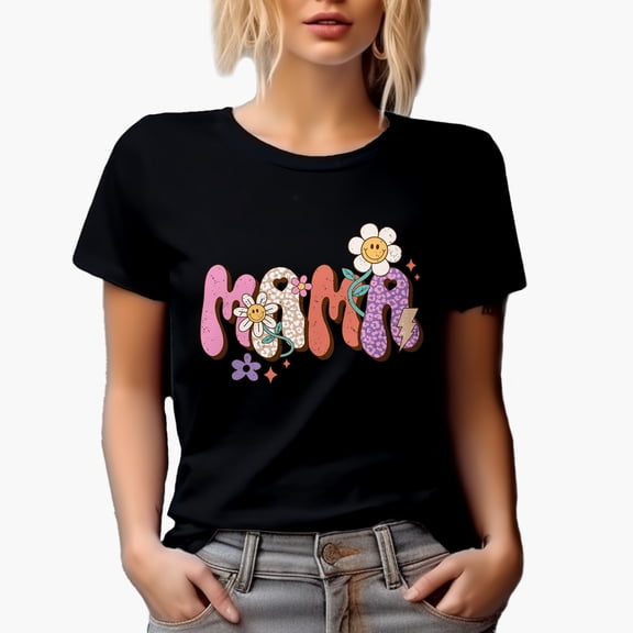 Distressed Retro Groovy Wavy Mama Text with Leopart Print & Flowers Merch Gift, Black T-Shirt, Small