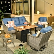 Ovios 5 Pieces High-Back Outdoor Patio Furniture with Fire Pit All Weather Wicker Conversation Furniture with Rocking Swivel Chair for Backyard