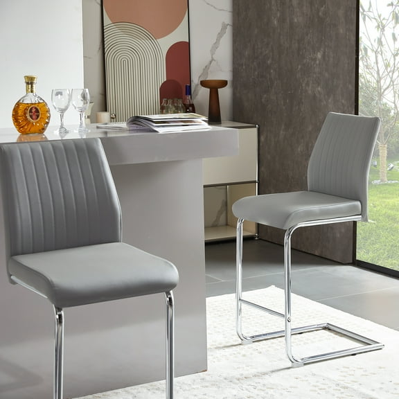 Light Grey Modern Simple Bar Chair Set of 2 - PU Leather Chrome Metal Pipe Restaurant, Family Bar Chairs