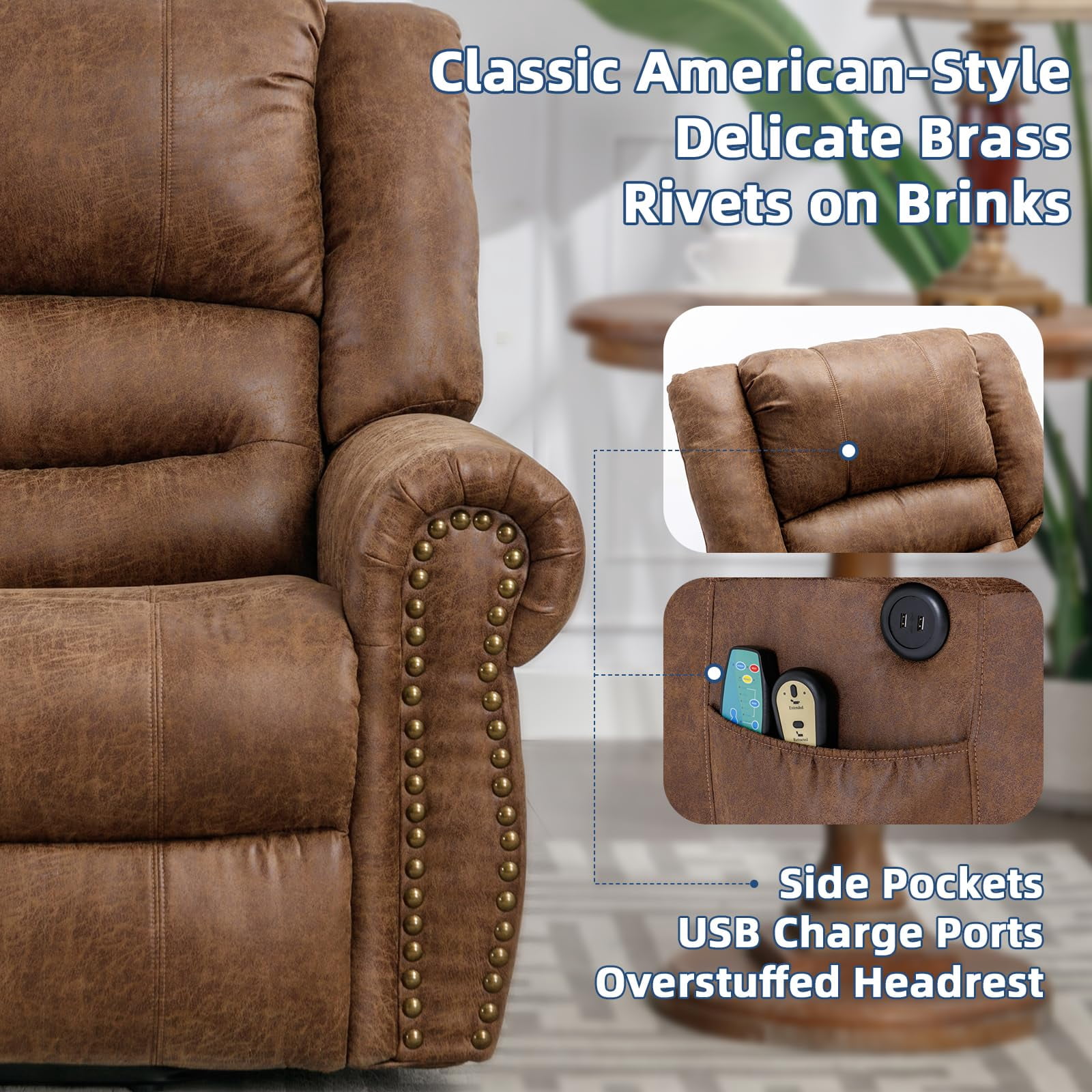 SOCIALCOMFY Power Lift Recliner Chair for Elderly with Massage and Heat, Electric Recliner Chair with Rivet Decoration, 2 Remote Controls, Side Pockets & USB Ports for Home, Office (Nut Brown)