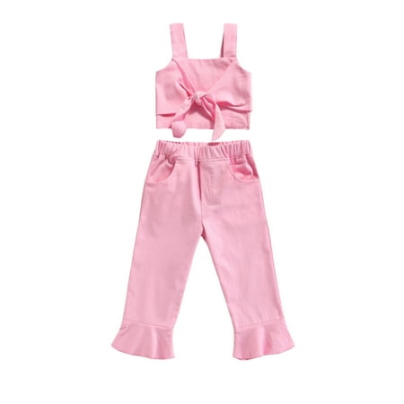 

Calsunbaby Girls Summer Solid Color Outfit Sleeveless Sling Knotted Bow Pullover High Waist Flared Trousers Set