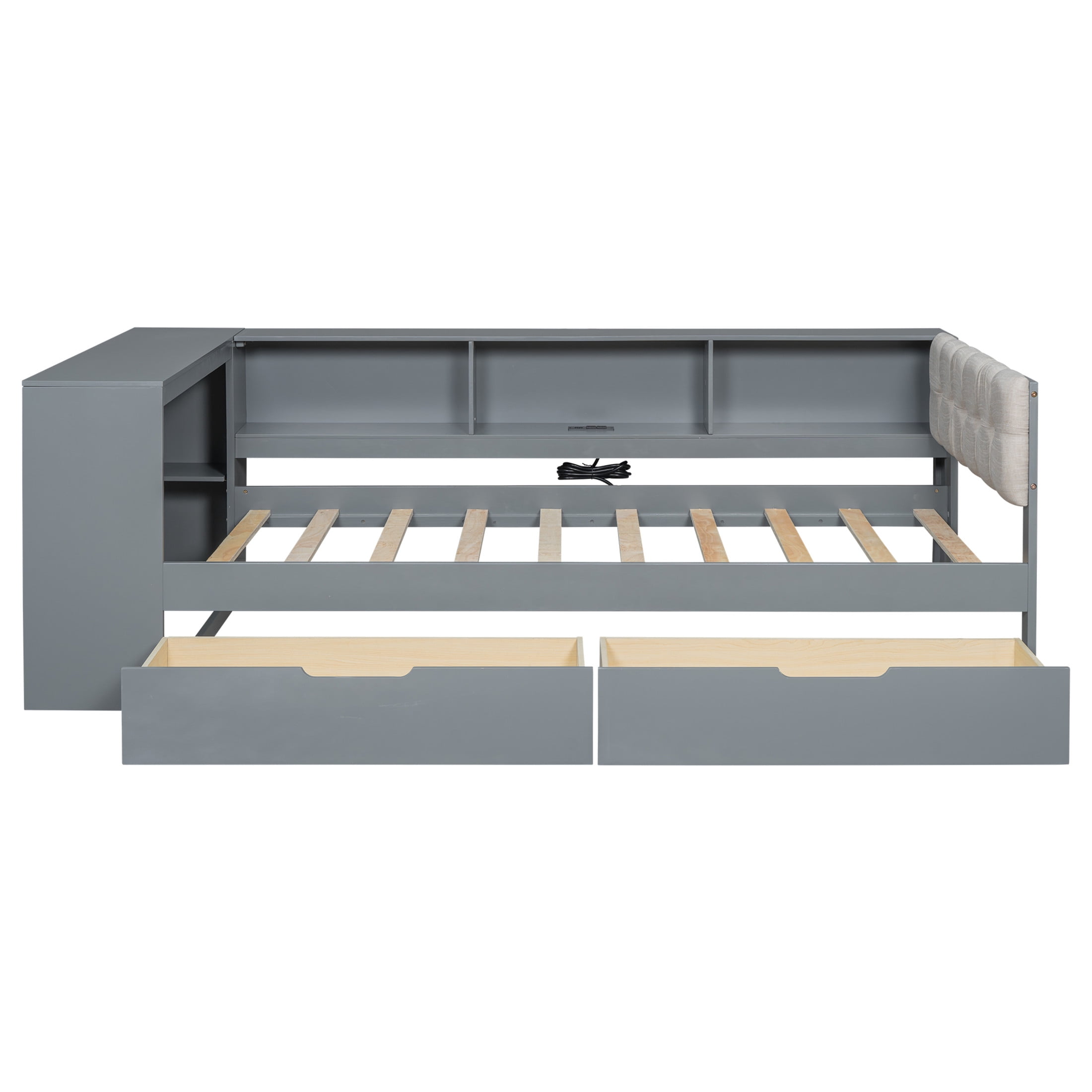 Noble House Udolf Twin Platform Bed with Upholstered Headboard, Storage Shelves and Drawers, Charging Station, Gray