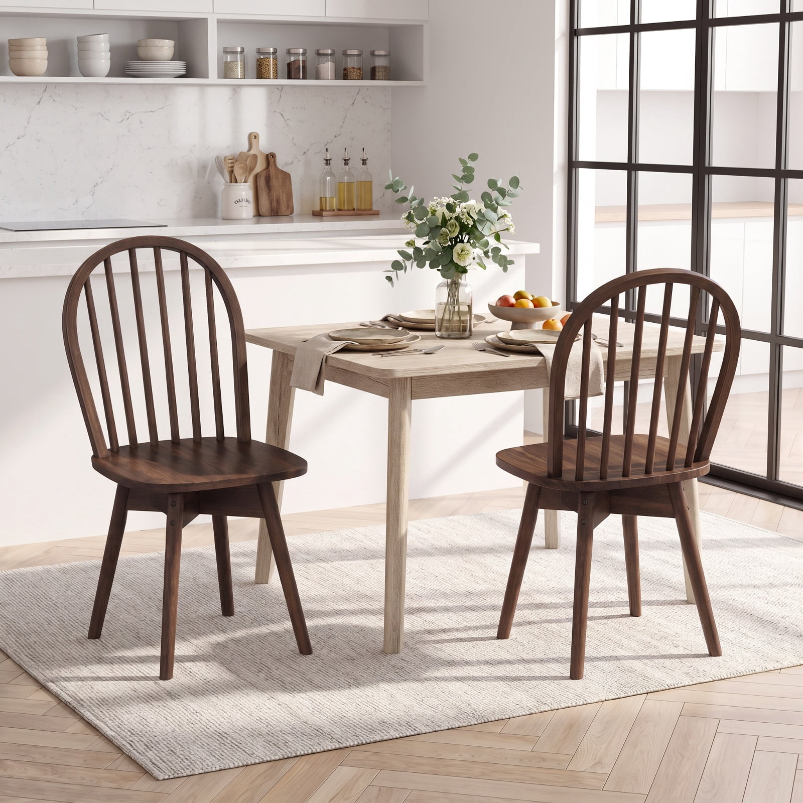 Furnibear Swivel Windsor Dining Chairs Set of 2 with Solid Rubber Wood Frame for Kitchen Dining Room Living Room Home, Walnut
