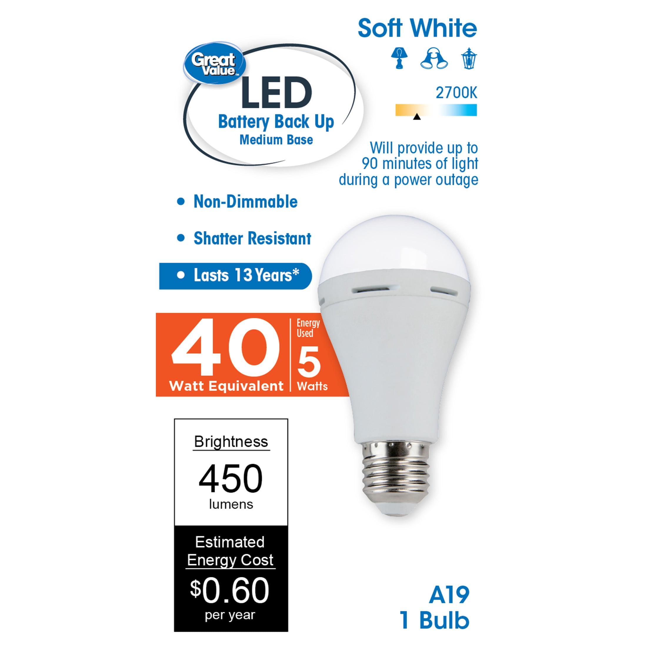 Great Value LED Bulb, 5 Watts (40W Eqv.) Battery Backup Lamp E26 Medium Base, Non-dimmable, White, - Walmart.com