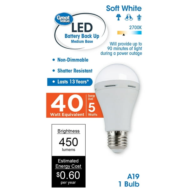 Pretentieloos Verbeteren Havoc Great Value LED Light Bulb, 5 Watts (40W Eqv.) A19 Battery Backup Lamp E26  Medium Base, Non-dimmable, Soft White, 1-Pack - Walmart.com