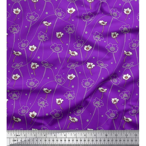 Soimoi Japan Crepe Satin Fabric Dot,Leaves & Floral Artistic Print Fabric by The Yard 42 Inch Wide