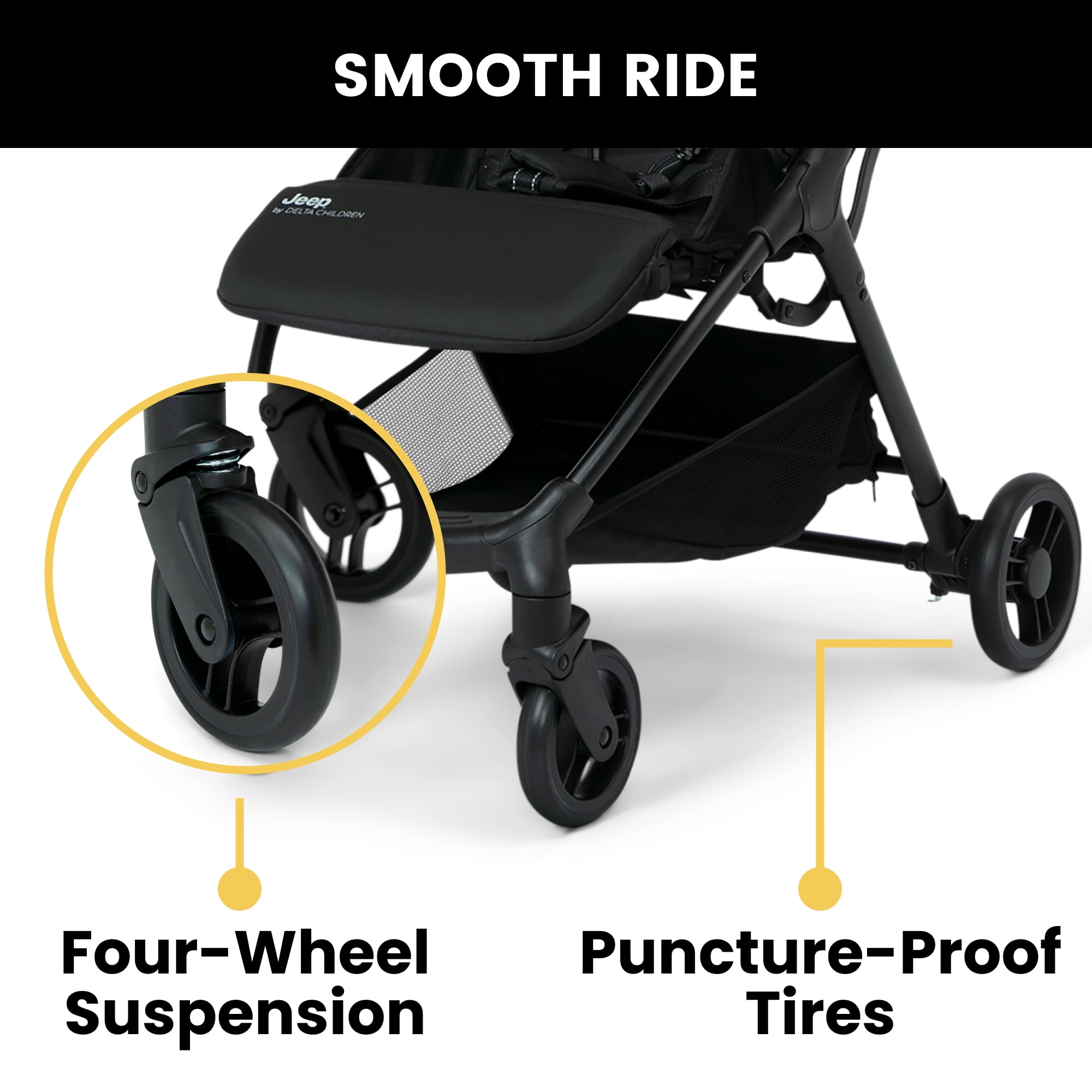 Jeep Altitude Compact Travel Stroller by Delta Children – Greenguard Gold Certified, Easy One Hand Fold, Lightweight, Extendable Canopy with Peek-a-Boo Window, 4 Wheel Suspension, Tan