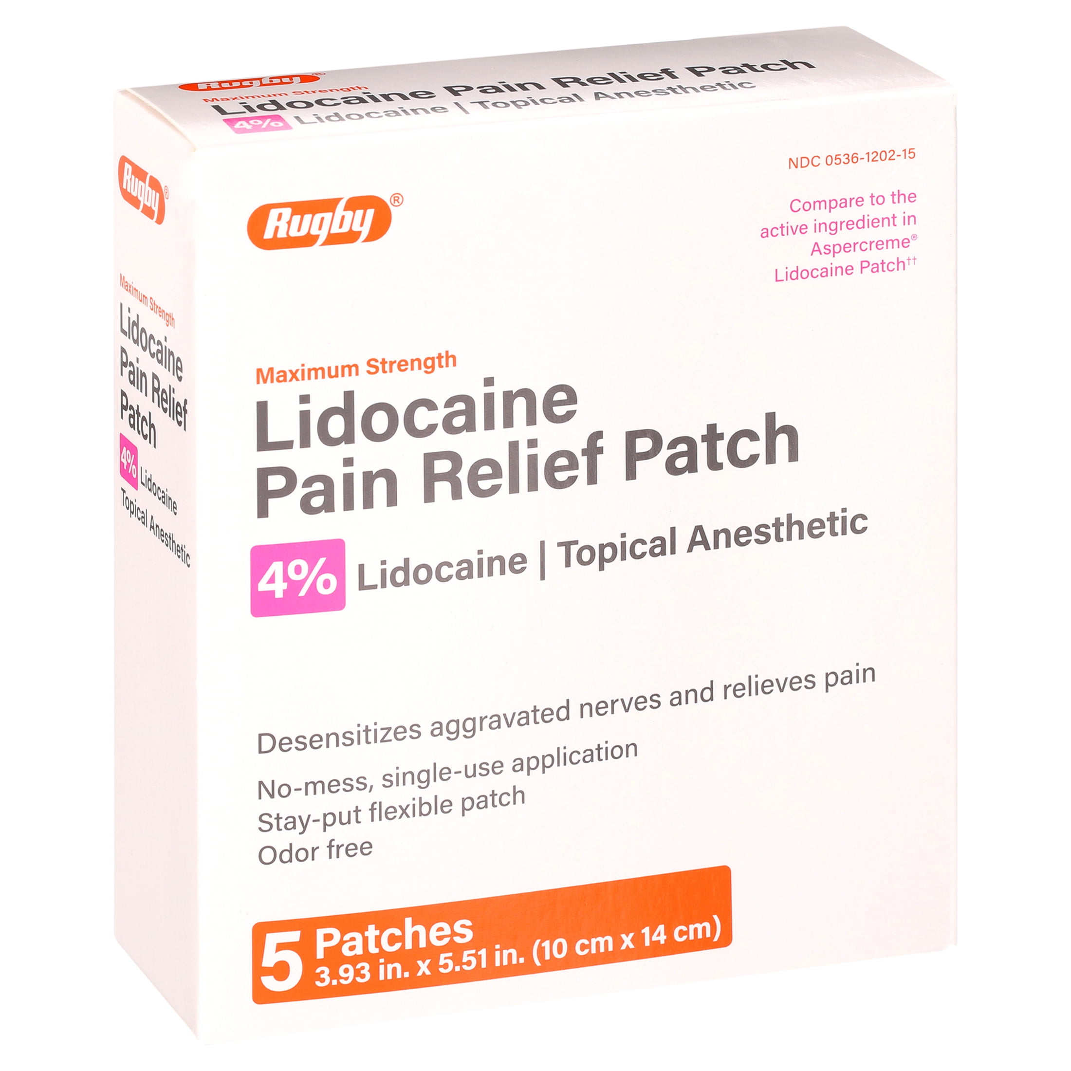 Rugby Maximum Strength Topical Anesthetic 4% Lidocaine Pain Relief Patch - 5 Patches
