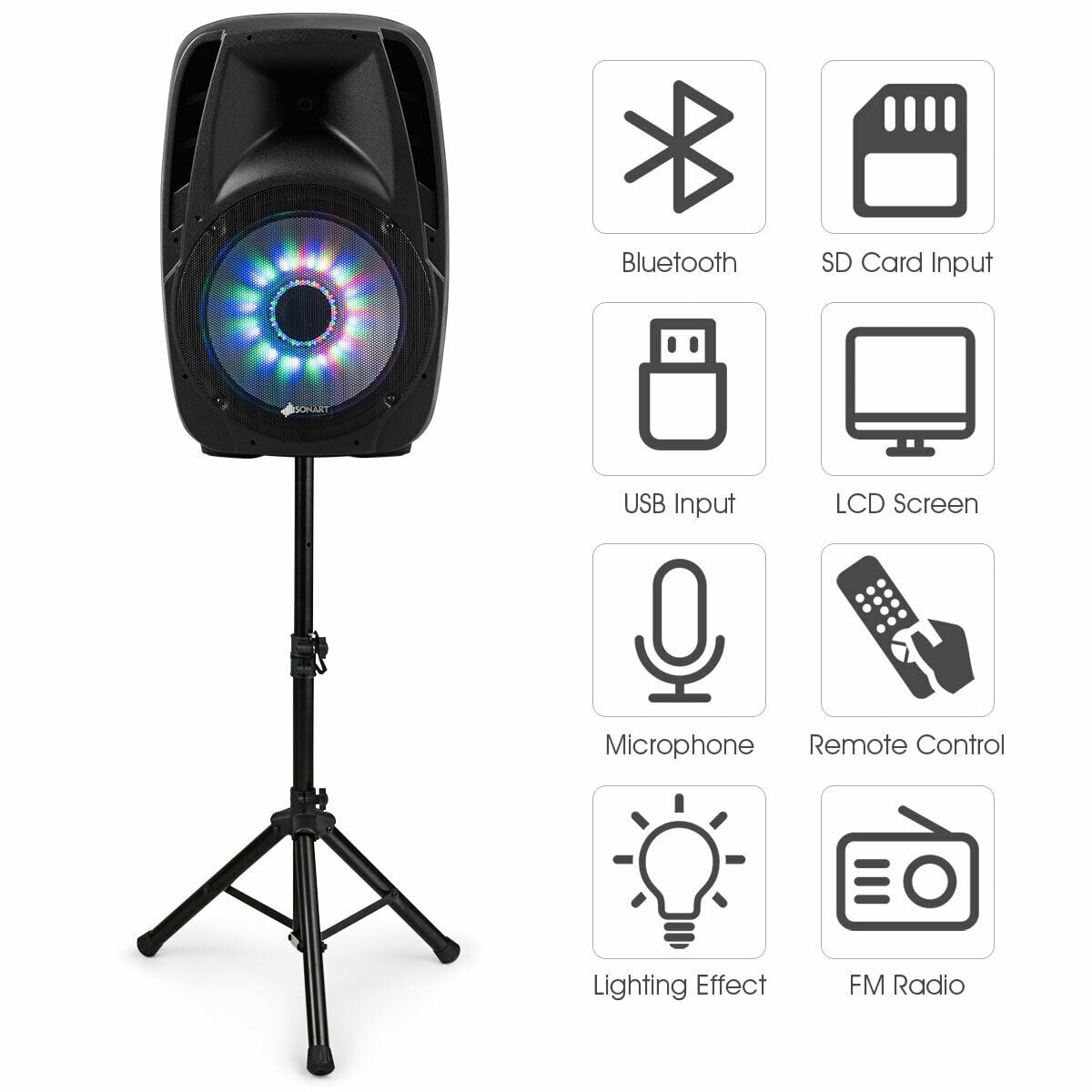 Gymax 15'' Portable 1500W 2-Way Powered Speaker With Illuminating Light