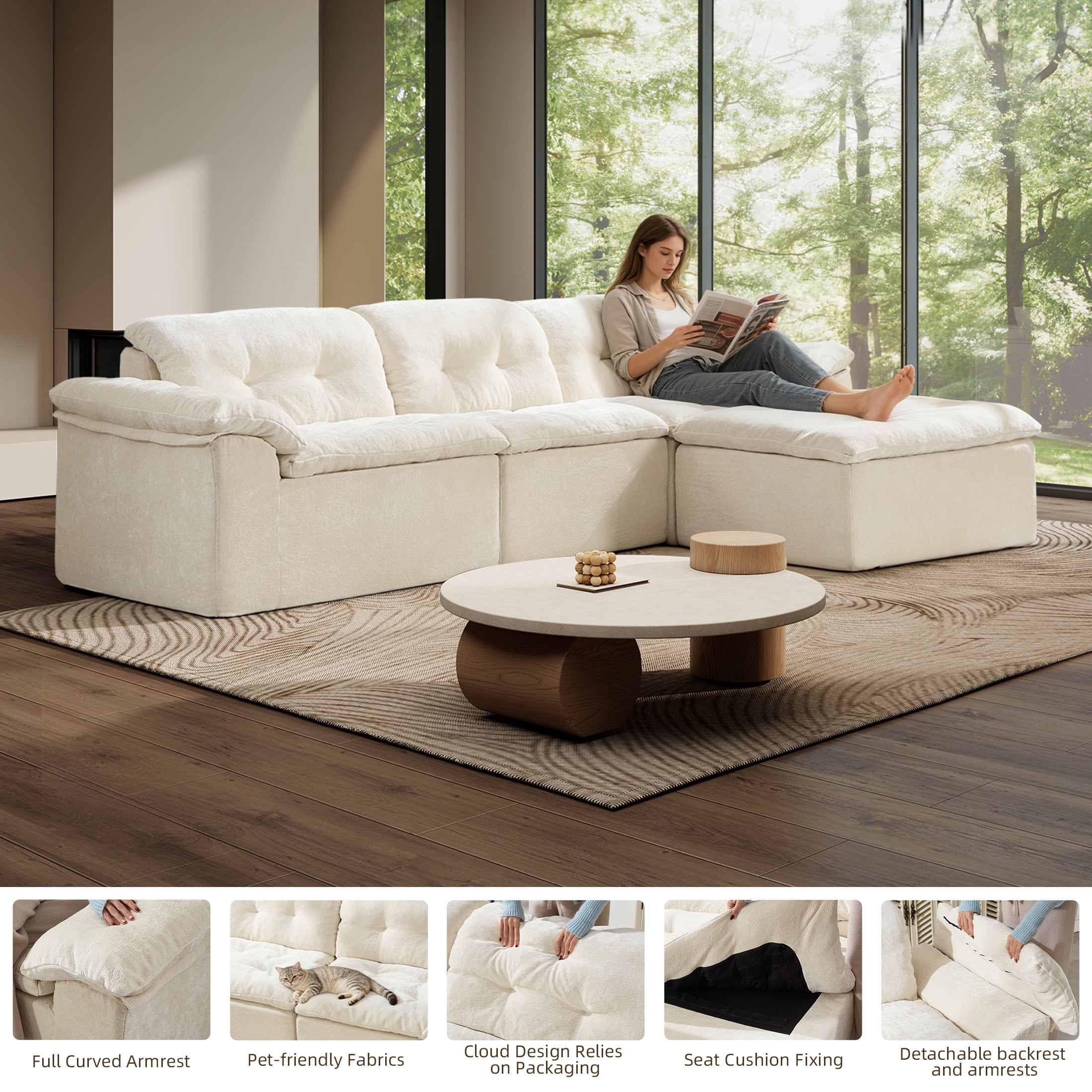 Aukfa 4-Piece L-Shaped Modular Sectional Sofa with Ottoman for Living Room, Ice Flower Chenille, White