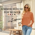 thumbnail image 4 of VDJ Summer Blouses for Women Casual Loose Hollow Out 3/4 Sleeve V Neck Shirts Trendy Cool Coffee Henley Tshirts Size L, 4 of 10