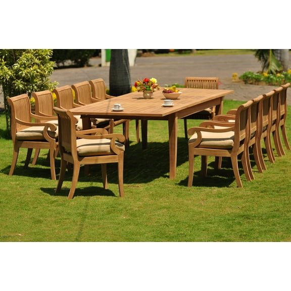 Teak Dining Set: 12 Seater 13 Pc: Large Atnas 118" Dining Rectangle Table Table & 12 Giva Arm/Captain Chairs Outdoor Patio Grade-A Teak Wood WholesaleTeak #WMDSGV49