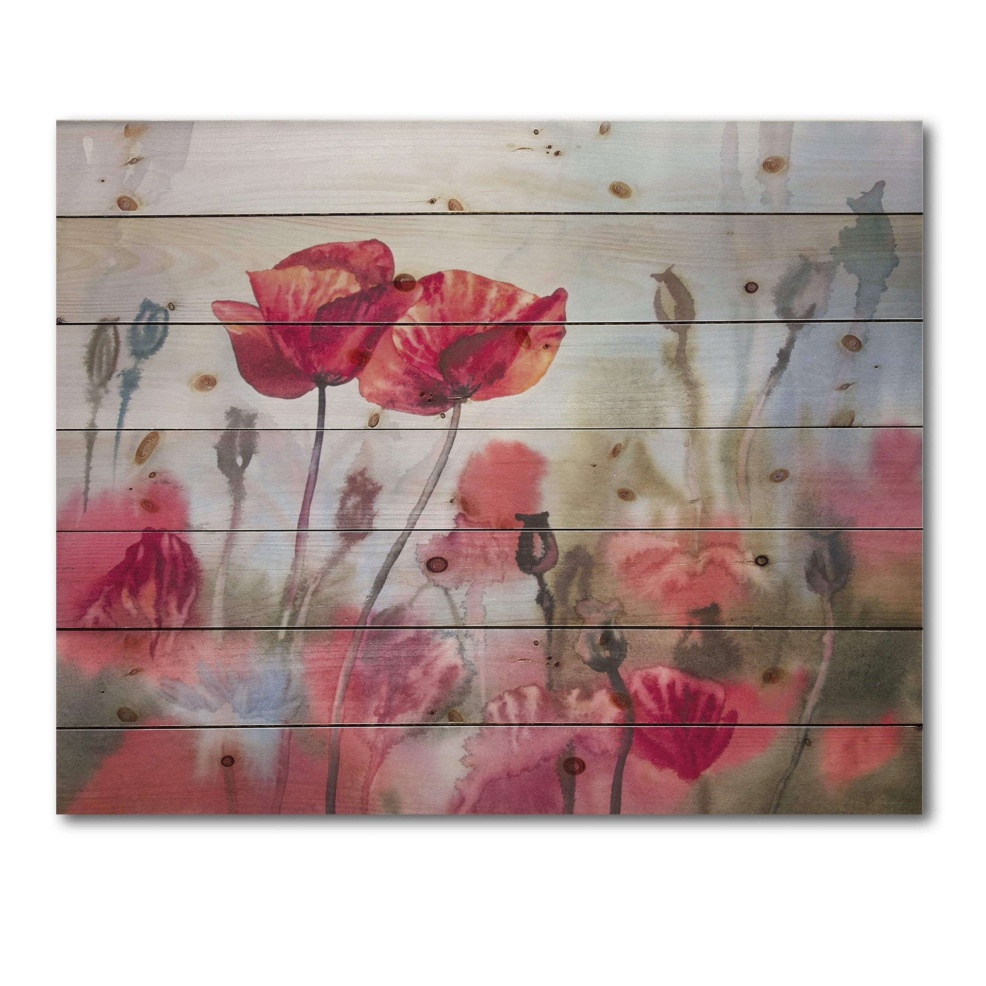 Designart 'Blossoming Red Poppies In The Meadow' Traditional Print on Natural Pine Wood