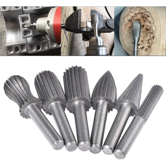 6pcs Double Cut Rotary Burr Set with 6 mm(1/4 Inch) Shank Die Grinder Bits for DIY Woodworking, Metal Carving, Engraving