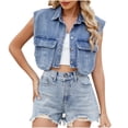 thumbnail image 1 of Veste en Denim Sans Manches pour Femmes, Printemps 2025, Couleur Unie, Boutonnée, Double Poche, avec Col Rabattu, pour Style de Rue et Tenues Décontractées, 1 of 6