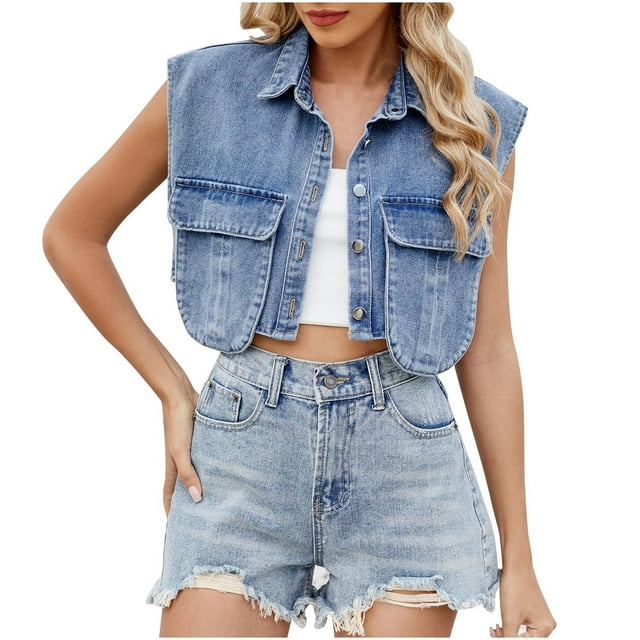 Veste en Denim Sans Manches pour Femmes, Printemps 2025, Couleur Unie, Boutonnée, Double Poche, avec Col Rabattu, pour Style de Rue et Tenues Décontractées