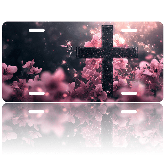 1 Pcs 2D Flat License Plate Covers & Frames, Sparkling Cross among Pink For Decorative Front, Waterproof For Decoration Aluminum License Plate Covers & Frames Cover For Men Women, 12" X 6"