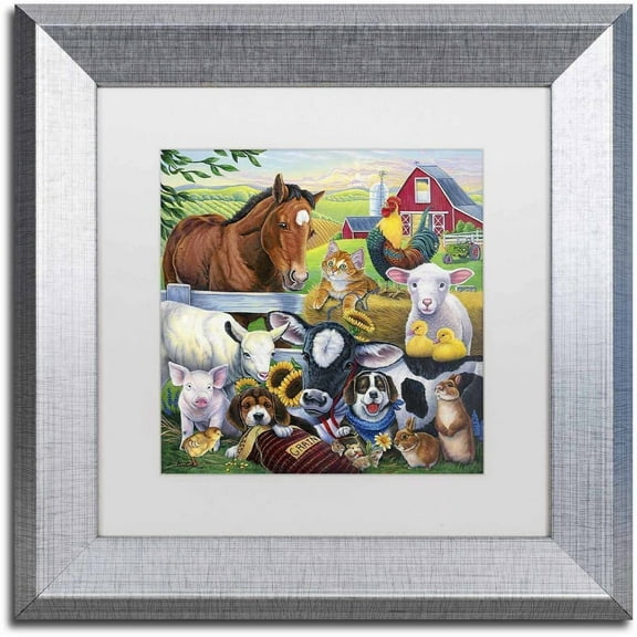 Trademark Fine Art 'Farm Friends' Canvas Art by Jenny Newland, White Matte, Silver Frame