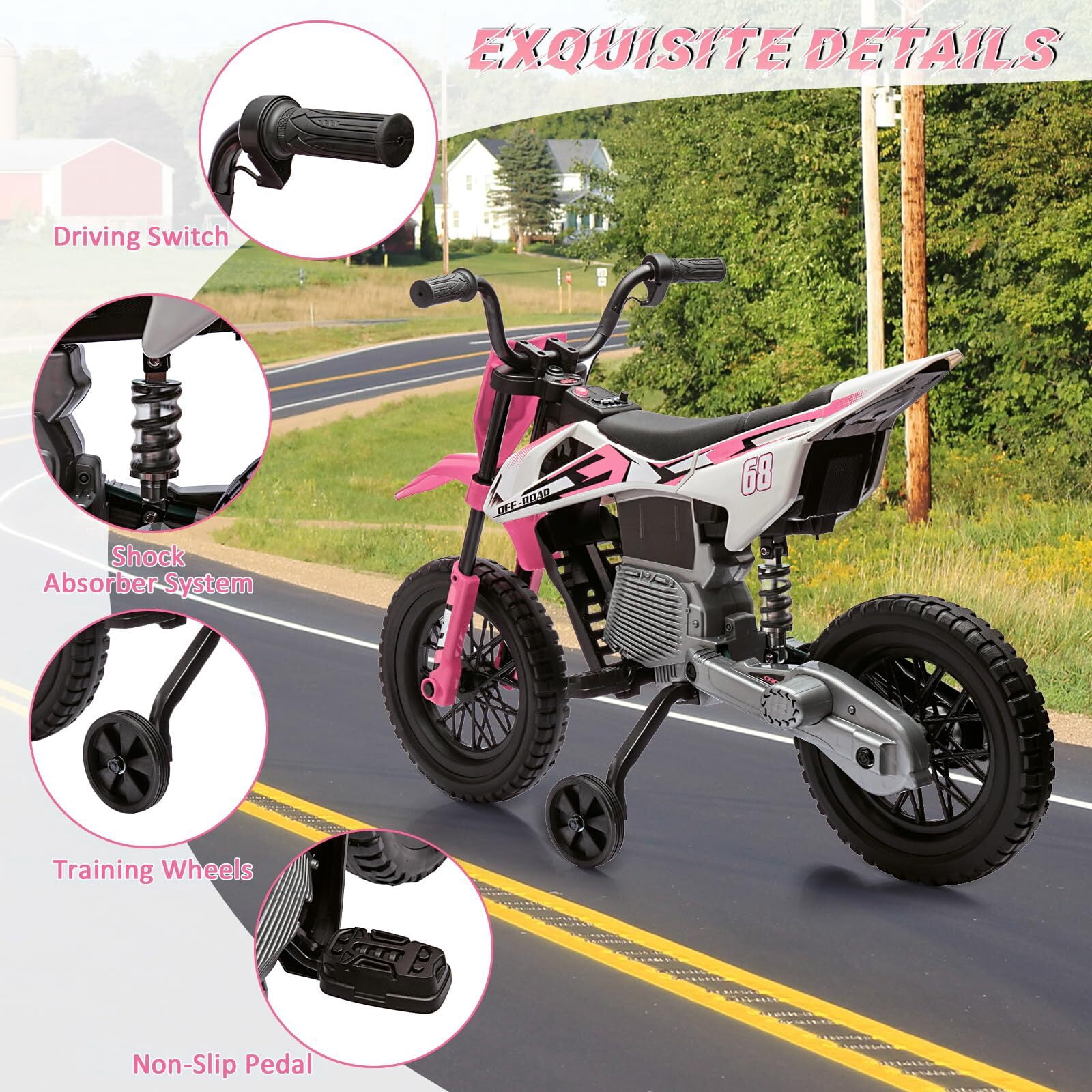Garvee 12V Kids Electric Dirt Bike with Training Wheels, Twist Grip Throttle, 3mph Max Speed, Music, Ride-On Motorcycle for Boys and Girls