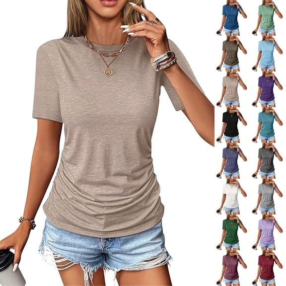 WHEANG Women's Crew Neck Ruched Short Sleeve Tops, Fashion Blouses Comfort Versatile Daily Outfit Summer Tops for Women, Solid Color Casual T Shirts for Women(Color Red Size 2XL)