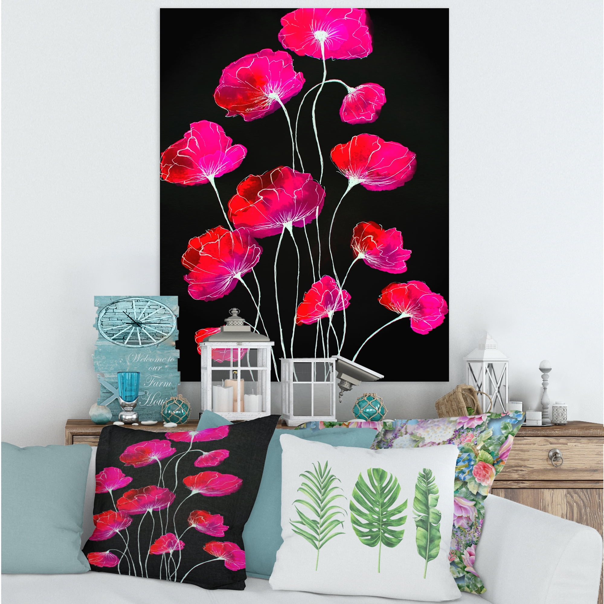 Designart ' Abstract Red Flower Detail On Black Background III ' Traditional Canvas Wall Art Print