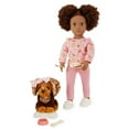 thumbnail image 2 of Camryn & Coco 18" Matching Doll & Pet Set with Brown Hair/Eyes (doll, a food-print pajama top, pajama bottoms, a pair of undies, slippers, 6-inch Dachshund dog plush, removable collar and hair bow), 2 of 5