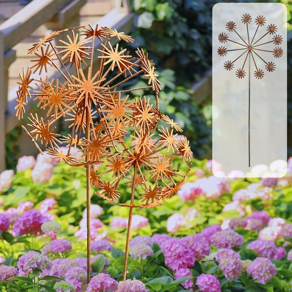 Cadancy Garden Decor Yard Art Metal Stakes Dandelions Hydrangea Flower Sculpture Rusted Finish Lawn Patio Planters Landscaping Porch Front Entryway Outdoor Decorations