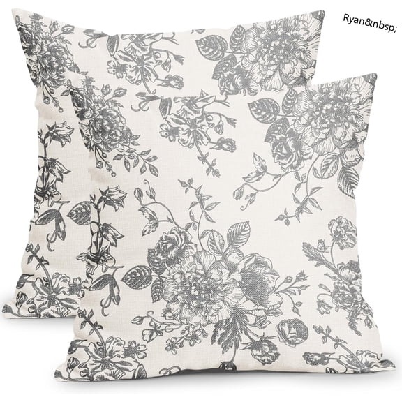 Ryan  Light Grey Pillow Covers 18x18 Inch Vintage Flower Decorative Throw Pillow Covers Set of 2 Chinoiserie Pillowcases Cotton Linen Square Cushion Covers for Couch Bed Sofa Chair