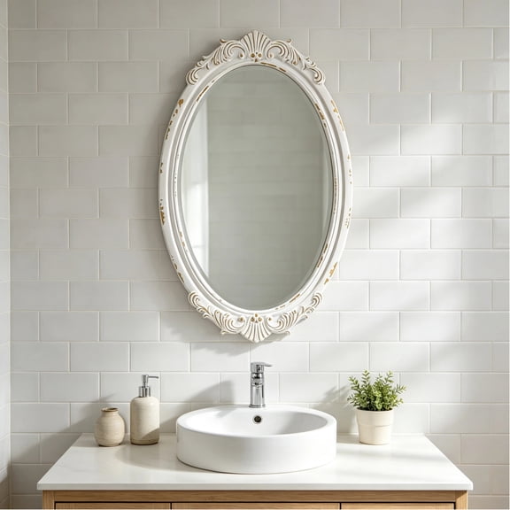 Sintosin Vintage Oval Wall Mirror, 24" x 14", Distressed White Hanging Mirror for Living Room or Bathroom