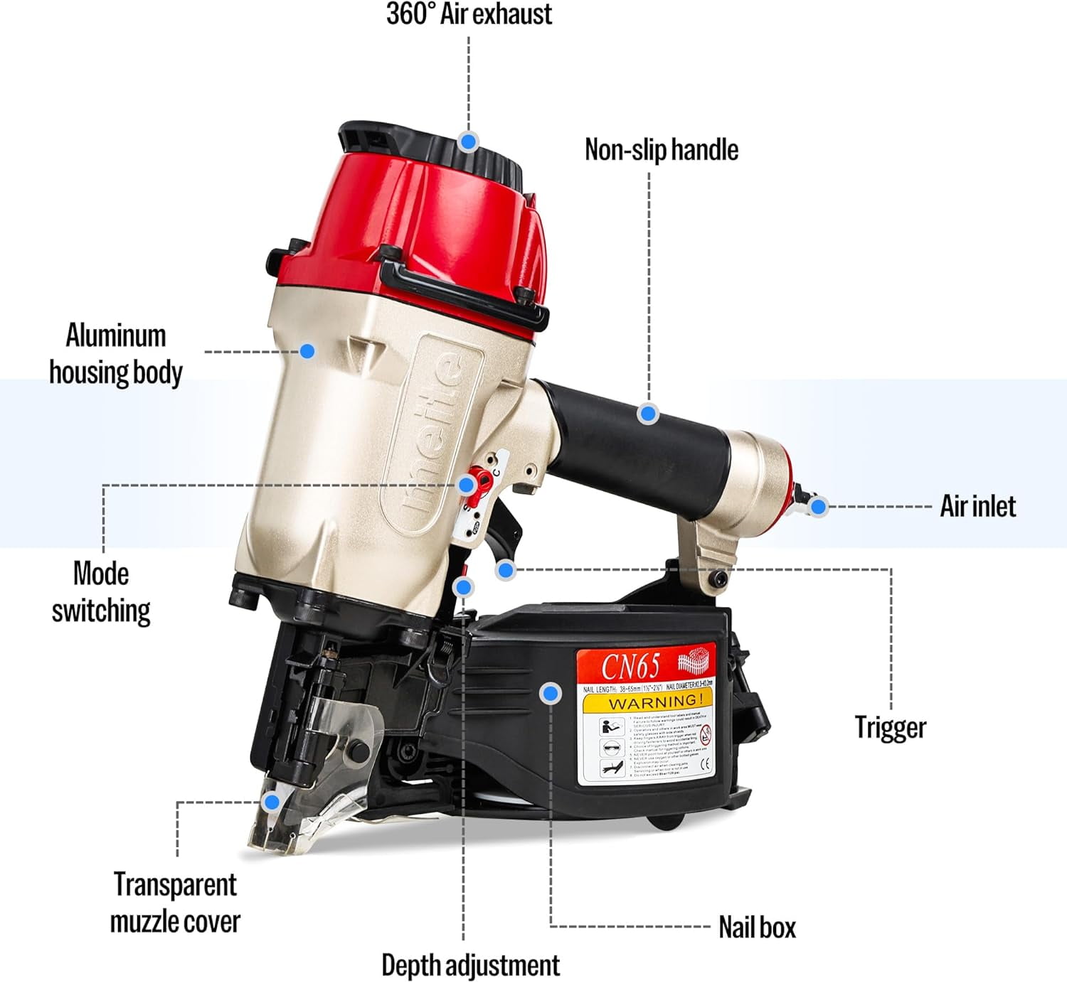meite Pneumatic Coil Decking Nailer CN65, Drives 15 Degree 1-1/2" to 2-1/2" Length Coil Nails for Siding, Sheathing, Fencing, Roofing