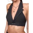 thumbnail image 2 of VISgogo - Camiseta sin mangas corta para mujer, diseño de rayas, cuello halter, solapa sin espalda, tops cortos de un solo botón, chaleco simple informal VISgogo  moda, 2 of 9