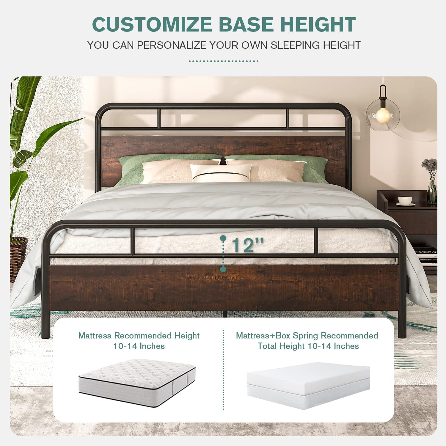 Allewie Queen Metal Platform Bed Frame with Wooden Headboard and Slats, Sanders