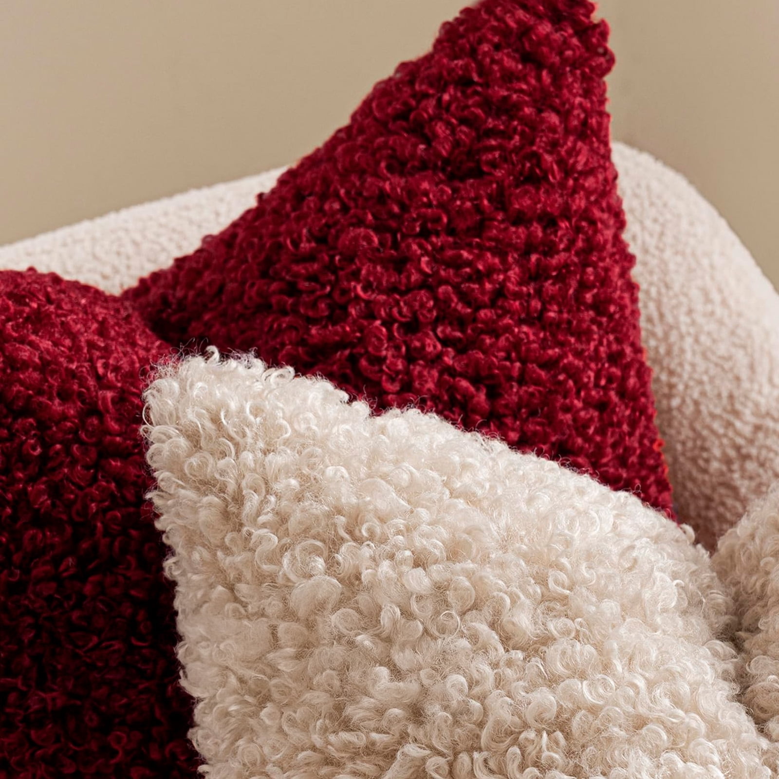 Sanmadrola Decorative Throw Pillow Covers 18" x 18" Set of 2, Teddy Fur Couch Plliowcase Cushion Cover Modern Farmhouse Home Decor, Wine Red