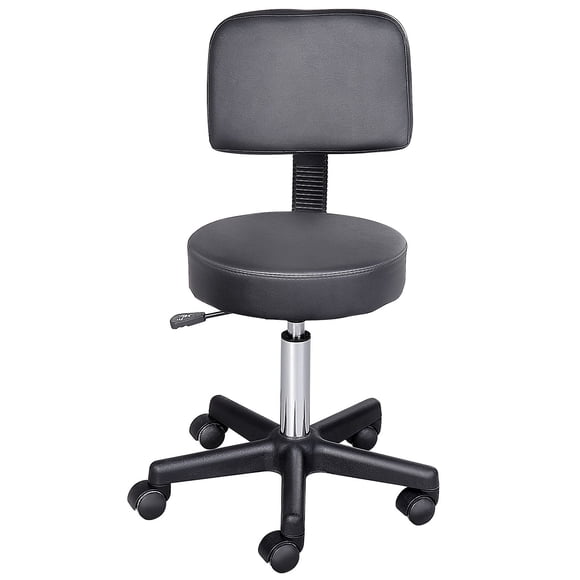 Tabouret Roulant Réglable en Cuir PU Noir avec Dossier - Chaise Pivotante pour Salon, Beauté et Bureau à Domicile - Siège Rond de 13,8 Pouces