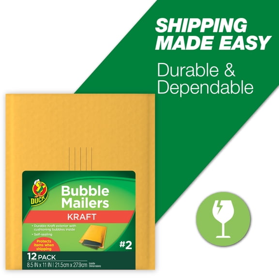 Duck Self-Seal Kraft Bubble Mailer #2, 8.5" x 11", Solid Print, 12 Pack