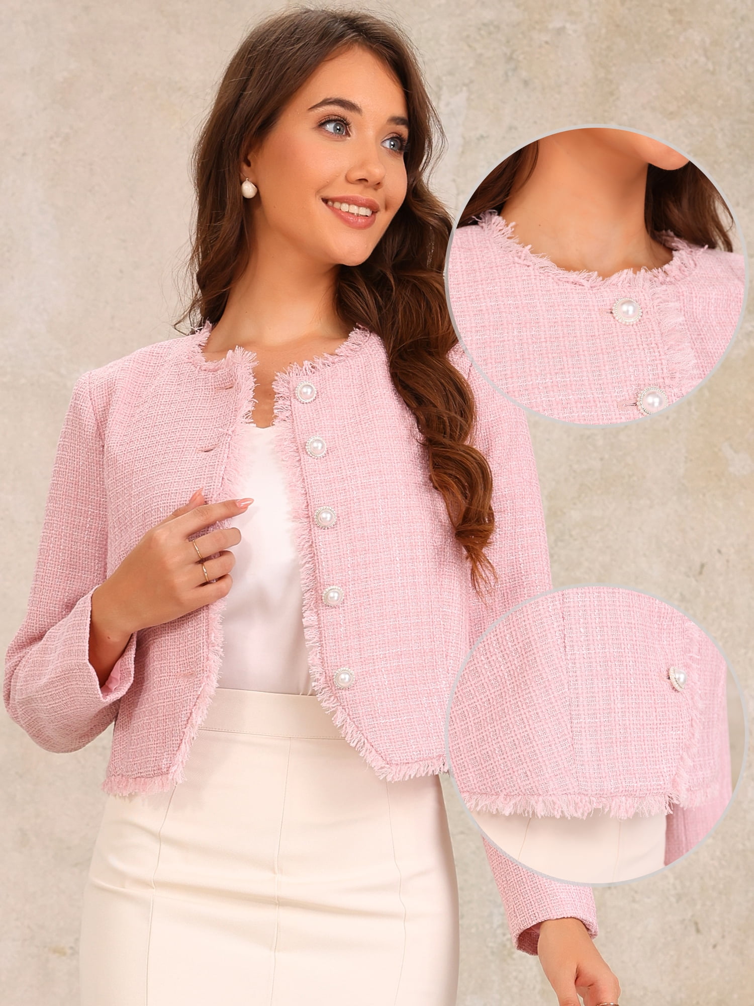 DARING DIVA Women's Plaid Tweed Cropped Button Up Elegant Work Jackets XL Pink