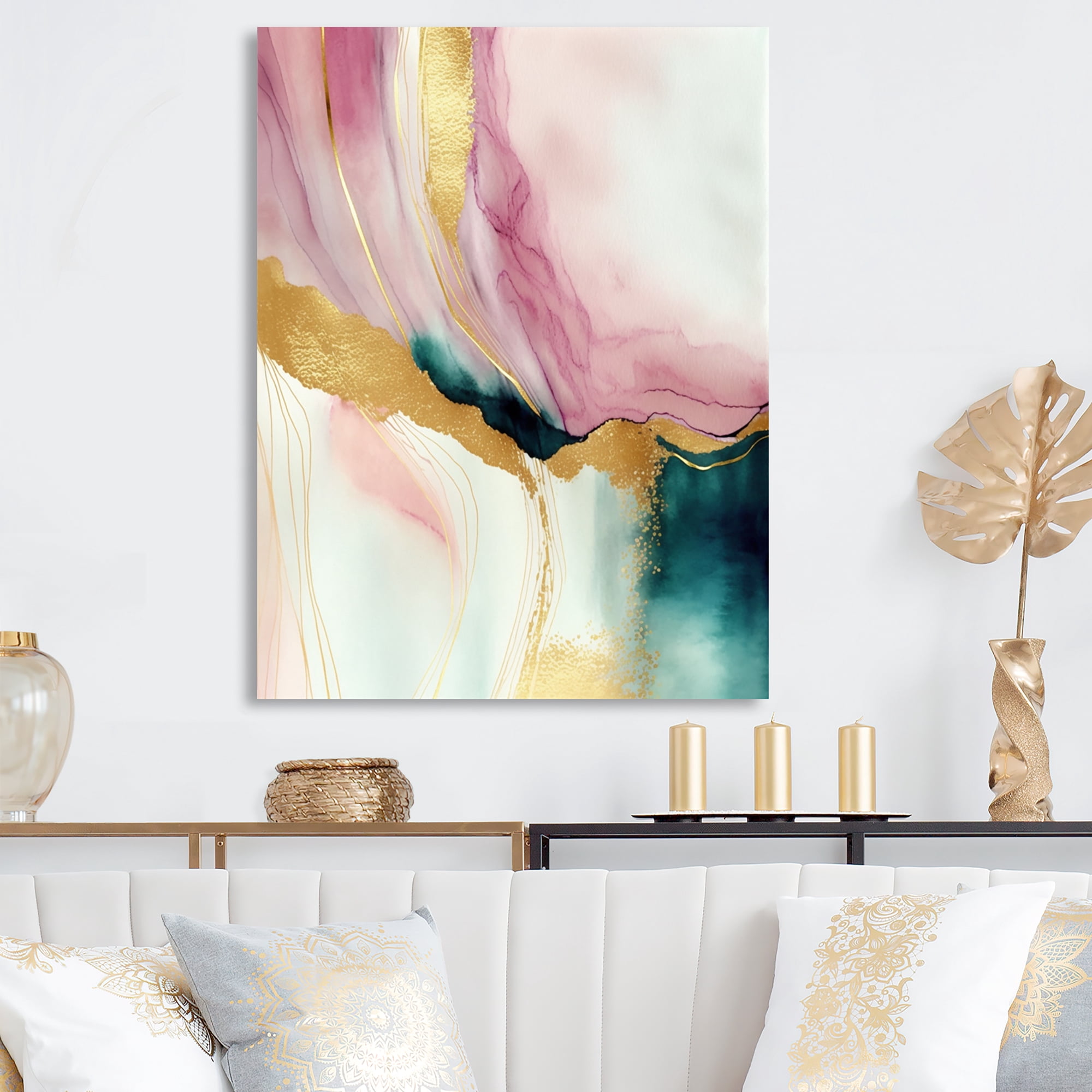 Designart Abstract Geode Pink And Green Marble I Canvas Wall Art