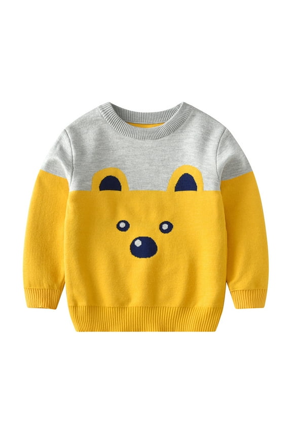 Cute Sweaters Boys Girls Patchwork Colour Cartoon Bear Print Sweater Long Sleeve Warm Knitted Pullover Knitwear Tops Sweater Size:4-5 Years