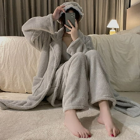 

DanceeMangoo 3 Piece Set Autumn Winter Thicken Warm Pajamas Set Flannel Women SleepSet Deep Robe Plush Sexy Homewear Women Pajama Trousers