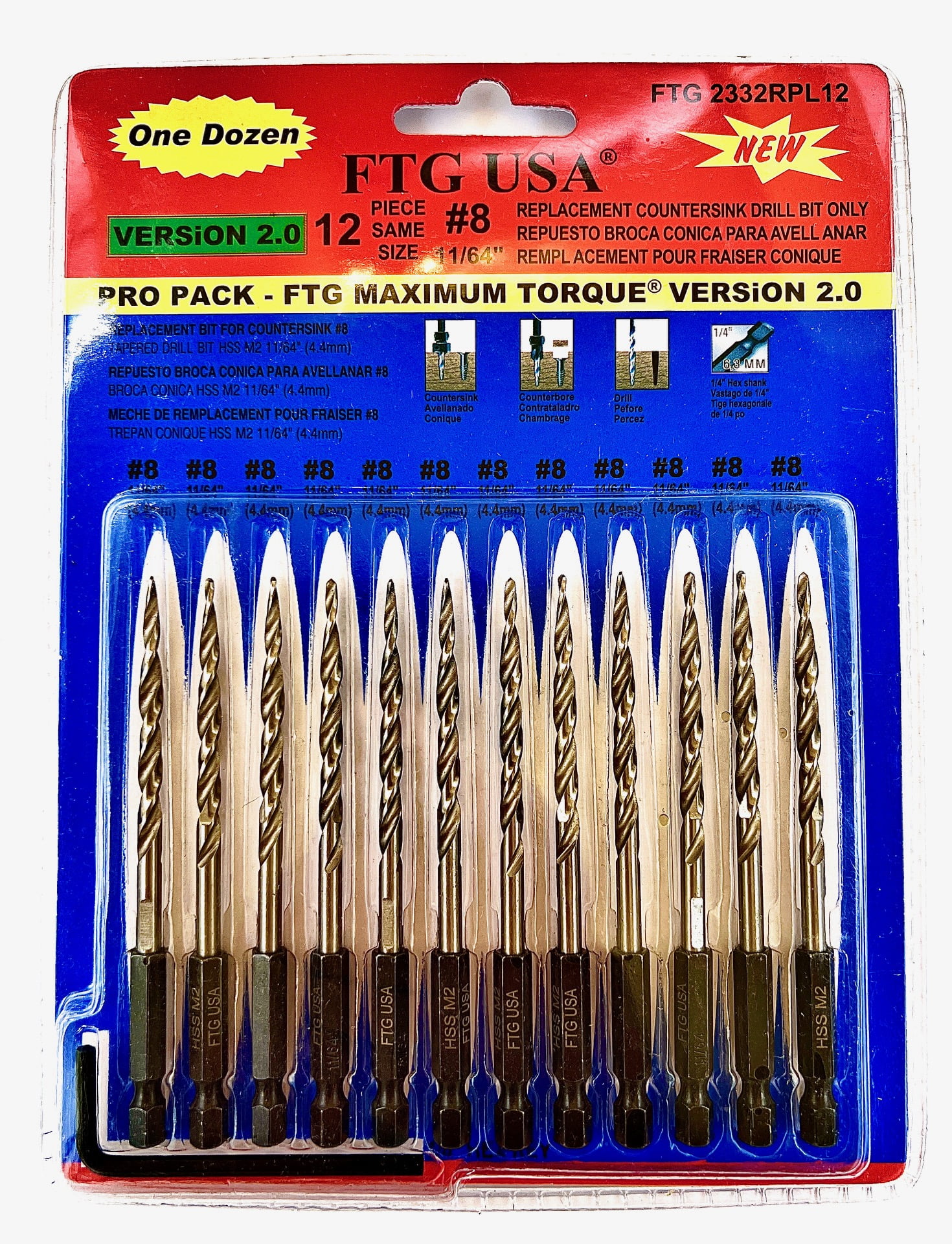 FTG USA Replacement Tapered Countersink Drill Bit Set 12 Pc Bit (8) 11/64"