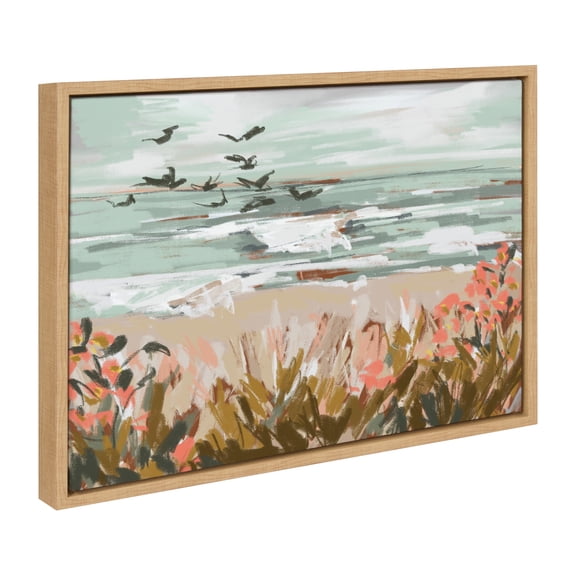 Kate and Laurel Sylvie Landscape 09 Beach Framed Canvas Wall Art by Annie Quigley, 18x24 Natural, Soft Watercolor Beachy Landscape with Ocean Sands Art for Wall Decor